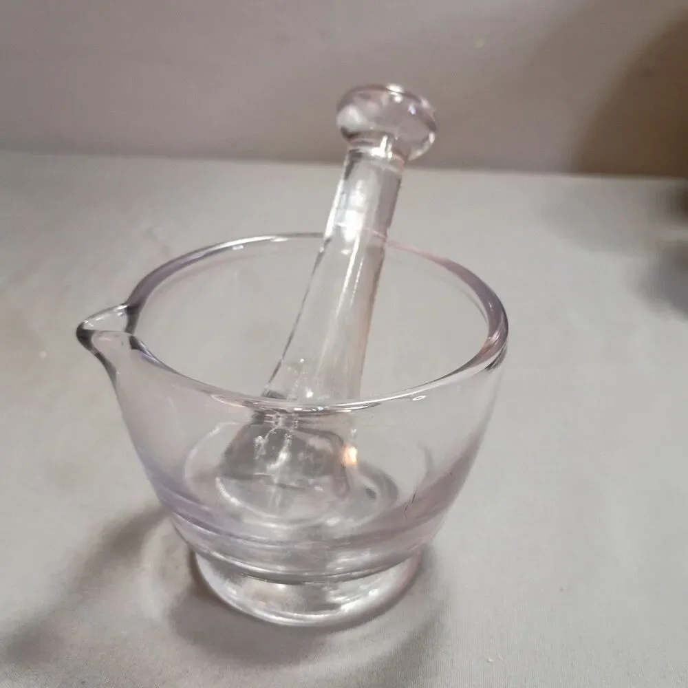 Vintage Glass 2 oz Mortar & Pestle With Pour Spout, Apothecary Spices Cooking